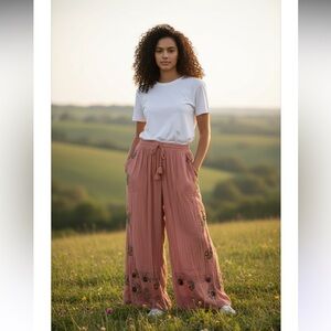 1371. Free People Coral Wide Leg Pants with Embroidery